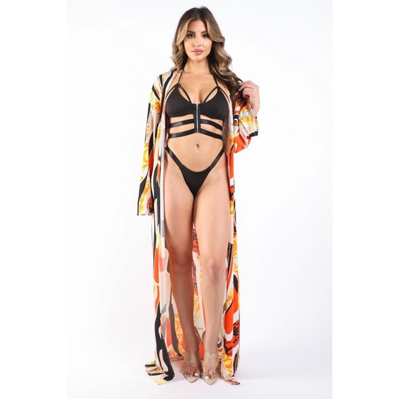 Women's Printed Beachwear Cover Up Swimsuit Long Sleeve Orange & Royal Combo - Picture 9 of 9